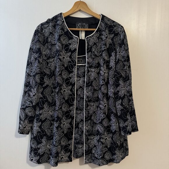 VTG Alex Evenings 2 Piece Set 2X Black White Lignt Blue Floral Sparkle JacketTop - Picture 10 of 16